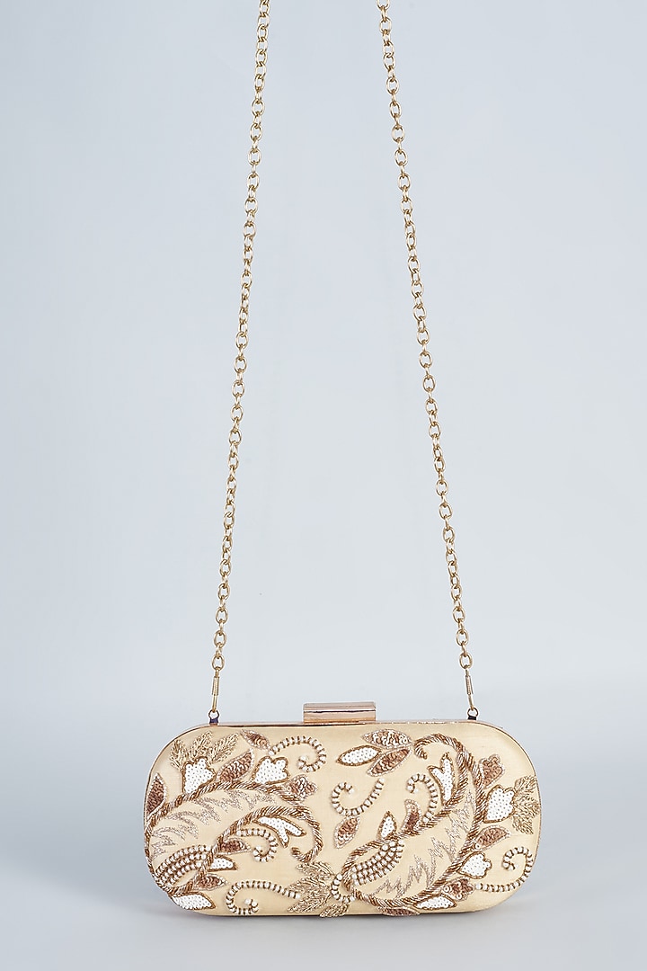 Cream Raw Silk Hand Embroidered Clutch by The Purple Sack at Pernia's Pop Up Shop