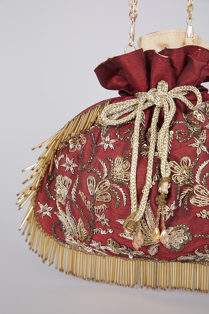 Maroon Hand Embroidered Potli by The Purple Sack at Pernia's Pop Up Shop