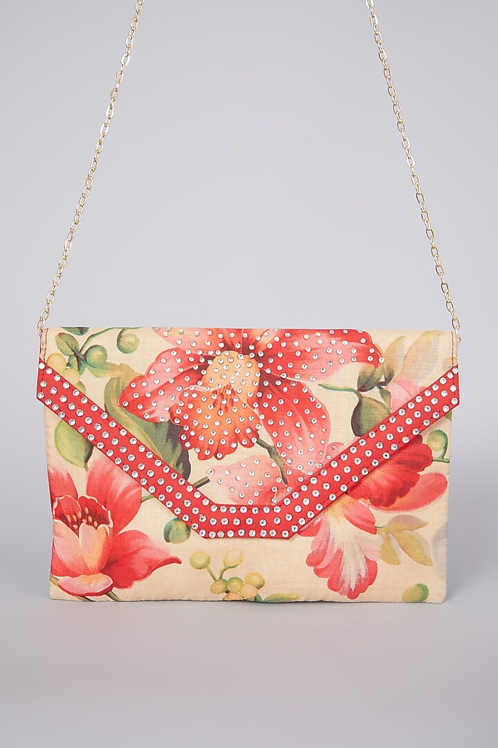 Multi Coloured Hand Embroidered Clutch With Sling Chain by The Purple Sack at Pernia's Pop Up Shop