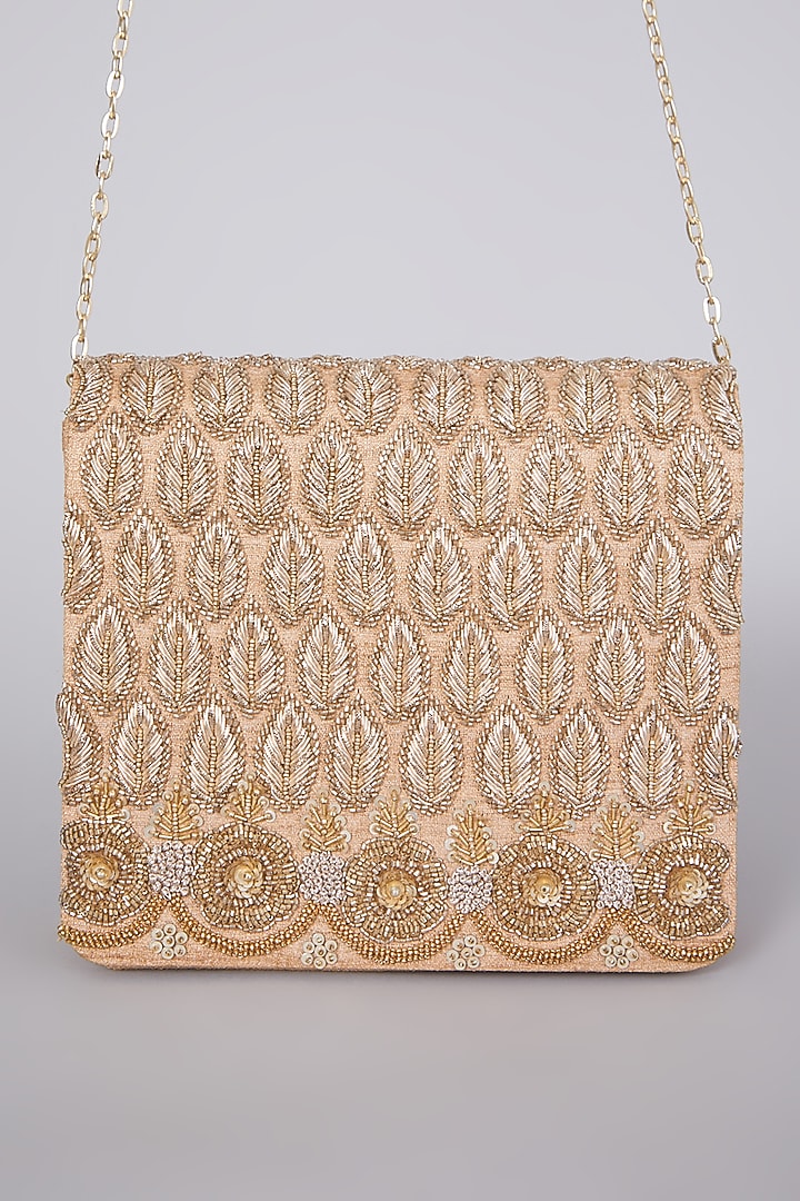 Gold Raw Silk Hand Embroidered Clutch by The Purple Sack at Pernia's Pop Up Shop
