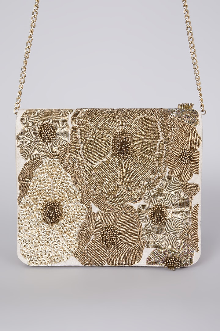 Gold Hand Embroidered Clutch With Sling Chain by The Purple Sack at Pernia's Pop Up Shop