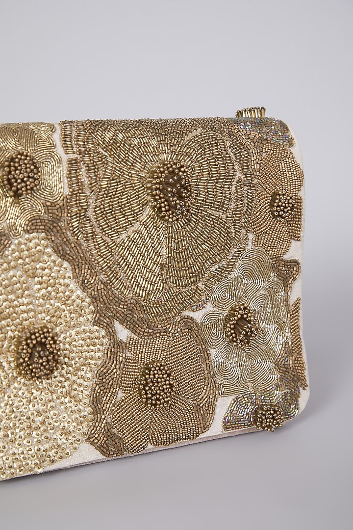 Gold Hand Embroidered Clutch With Sling Chain by The Purple Sack at Pernia's Pop Up Shop