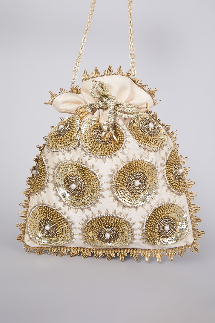 Gold Hand Embroidered Potli With Sling Chain by The Purple Sack at Pernia's Pop Up Shop