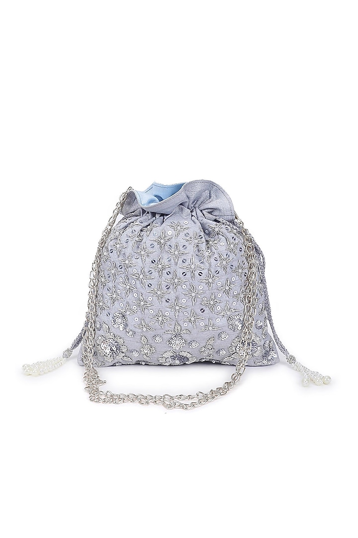 Silver Hand Embroidered Potli by The Purple Sack at Pernia's Pop Up Shop