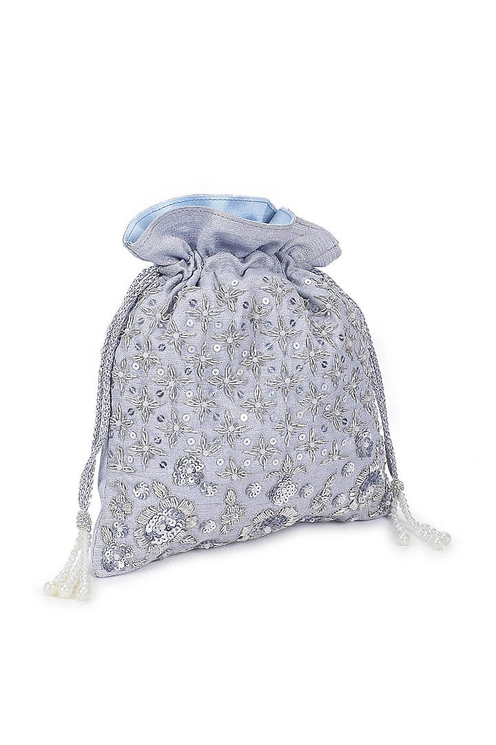 Silver Hand Embroidered Potli by The Purple Sack at Pernia's Pop Up Shop