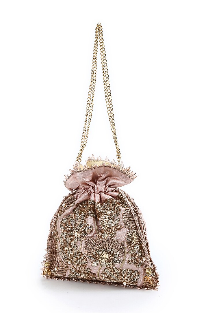 Peach Hand Embroidered Potli by The Purple Sack at Pernia's Pop Up Shop