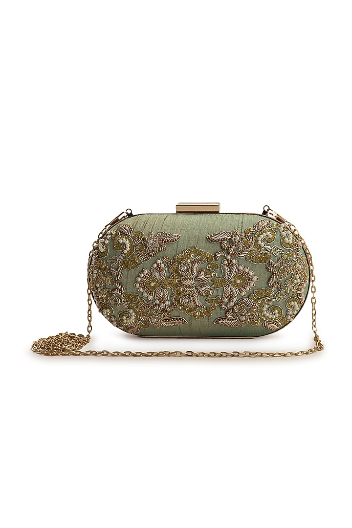 Mint Green Hand Embroidered Clutch by The Purple Sack at Pernia's Pop Up Shop