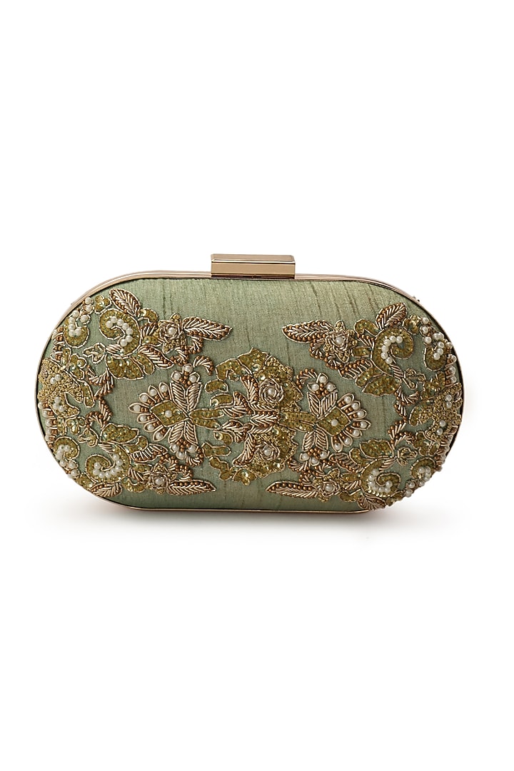 Mint Green Hand Embroidered Clutch by The Purple Sack at Pernia's Pop Up Shop