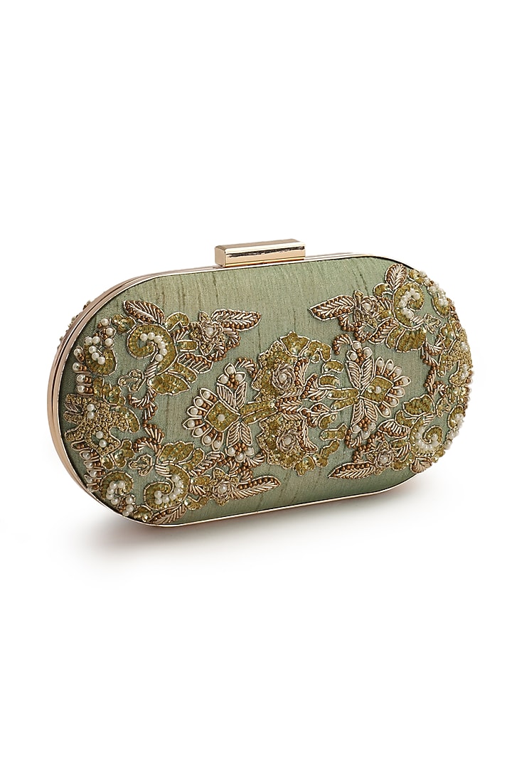 Mint Green Hand Embroidered Clutch by The Purple Sack at Pernia's Pop Up Shop