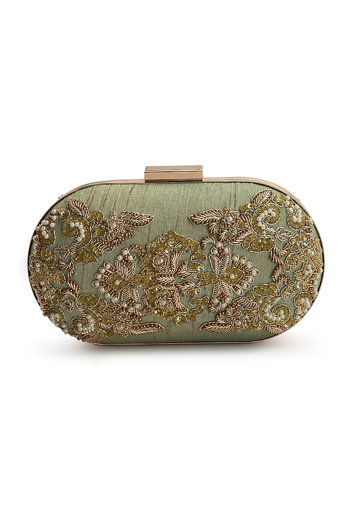 Mint Green Hand Embroidered Clutch by The Purple Sack at Pernia's Pop Up Shop