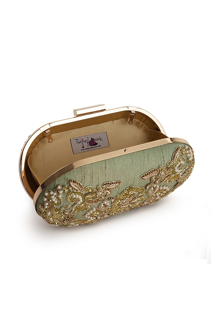 Mint Green Hand Embroidered Clutch by The Purple Sack at Pernia's Pop Up Shop