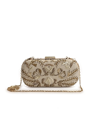Beige Hand Embroidered Clutch by The Purple Sack