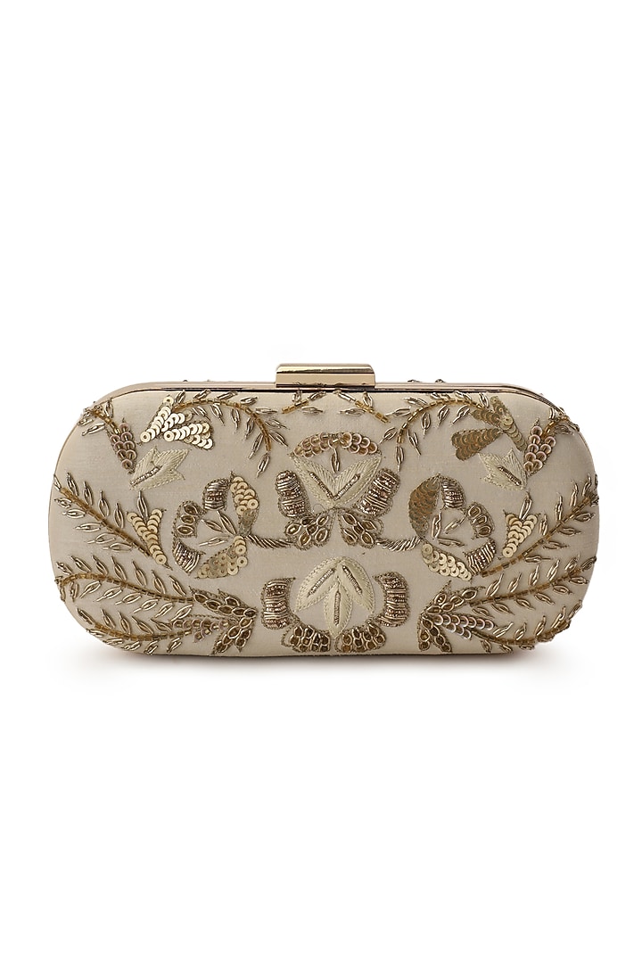 Beige Hand Embroidered Clutch by The Purple Sack at Pernia's Pop Up Shop