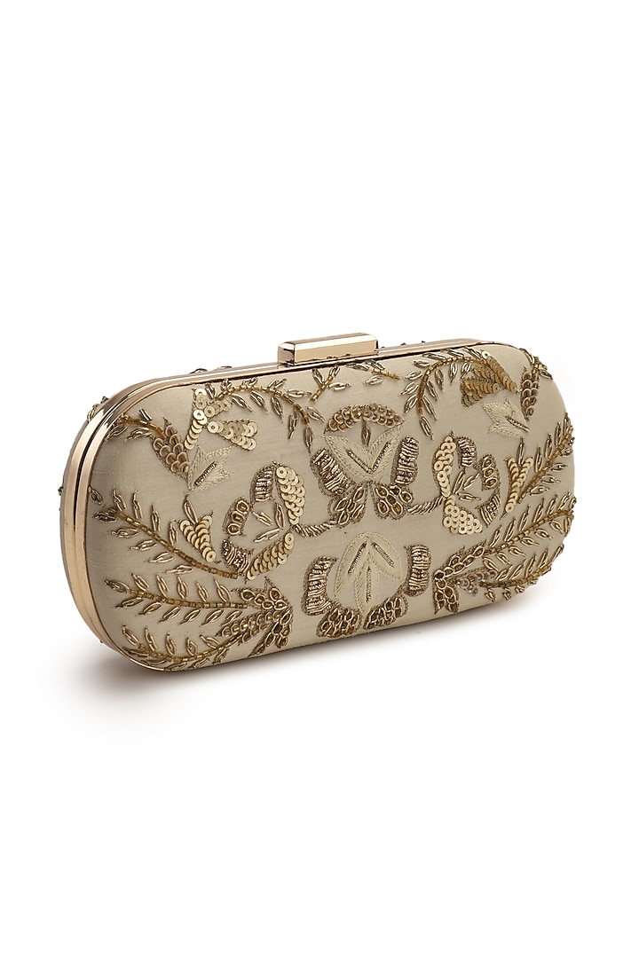 Beige Hand Embroidered Clutch by The Purple Sack at Pernia's Pop Up Shop
