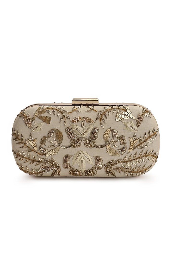 Beige Hand Embroidered Clutch by The Purple Sack at Pernia's Pop Up Shop