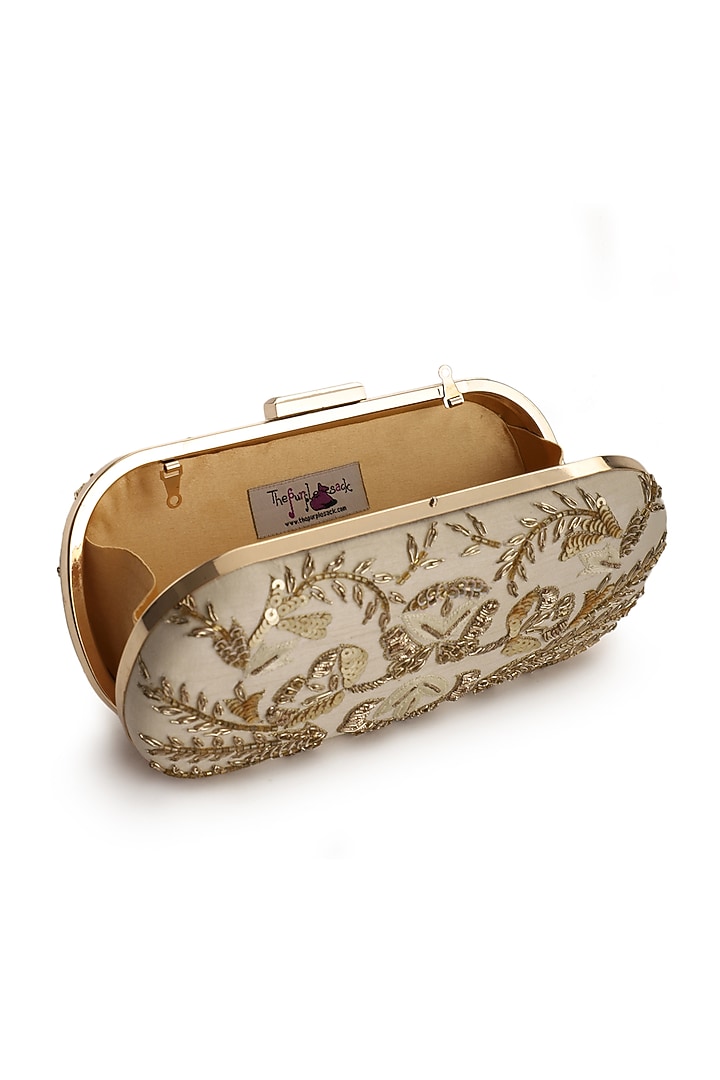 Beige Hand Embroidered Clutch by The Purple Sack at Pernia's Pop Up Shop