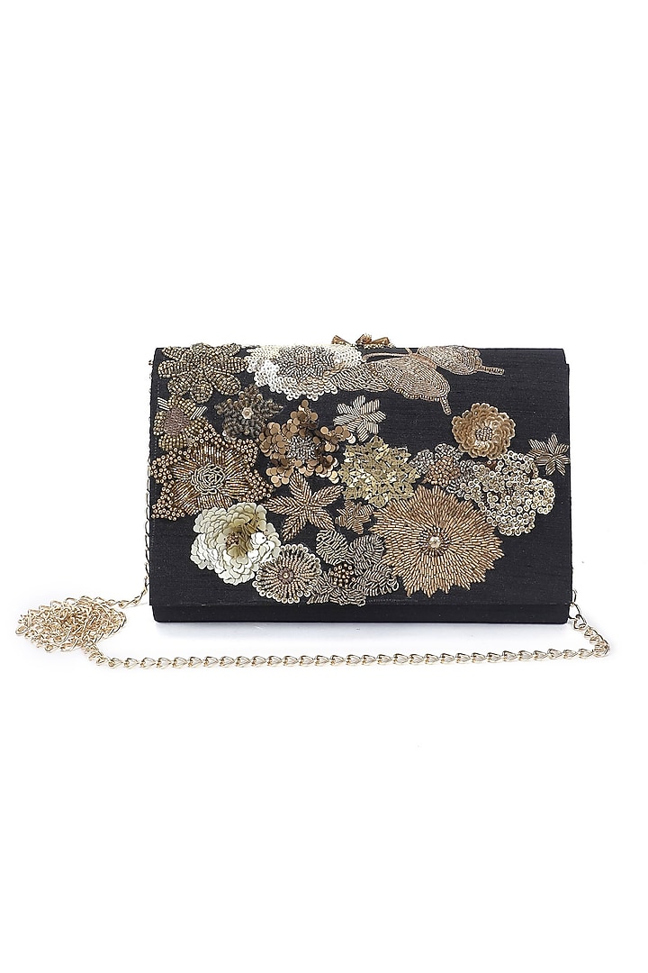 Black Hand Embroidered Clutch Bag by The Purple Sack at Pernia's Pop Up Shop