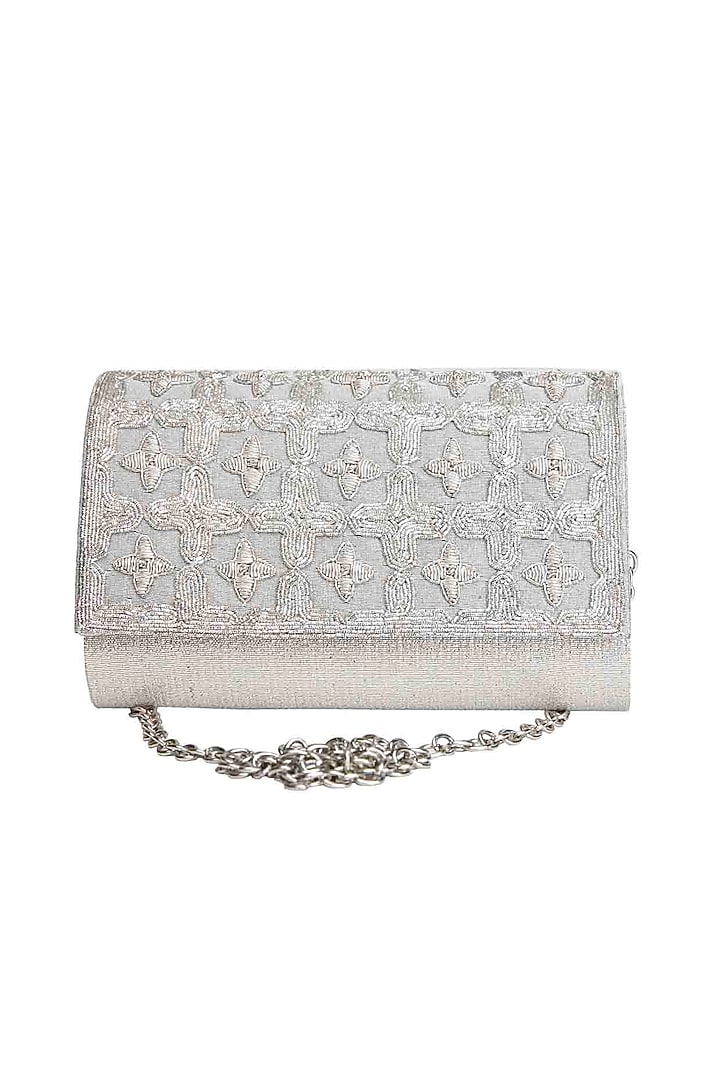 Silver Hand Embroidered Clutch by The Purple Sack at Pernia's Pop Up Shop