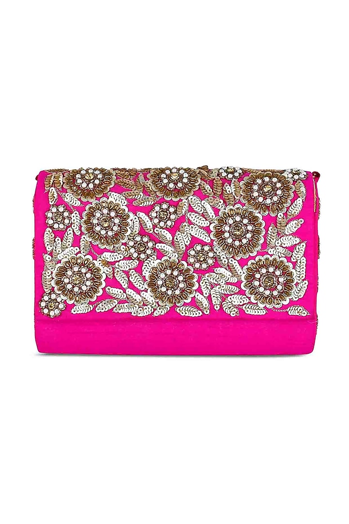 Pink Hand Embroidered Clutch by The Purple Sack