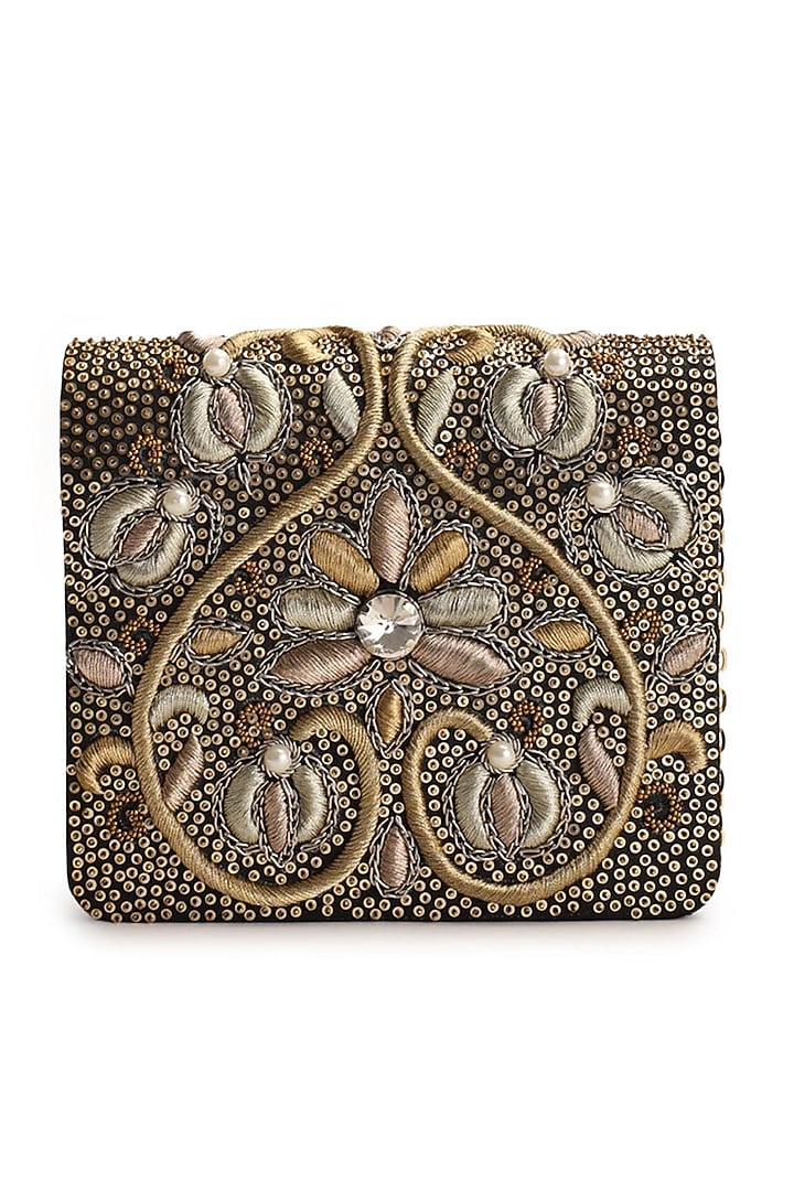 Black & Gold Hand Embroidered Clutch by The Purple Sack at Pernia's Pop Up Shop