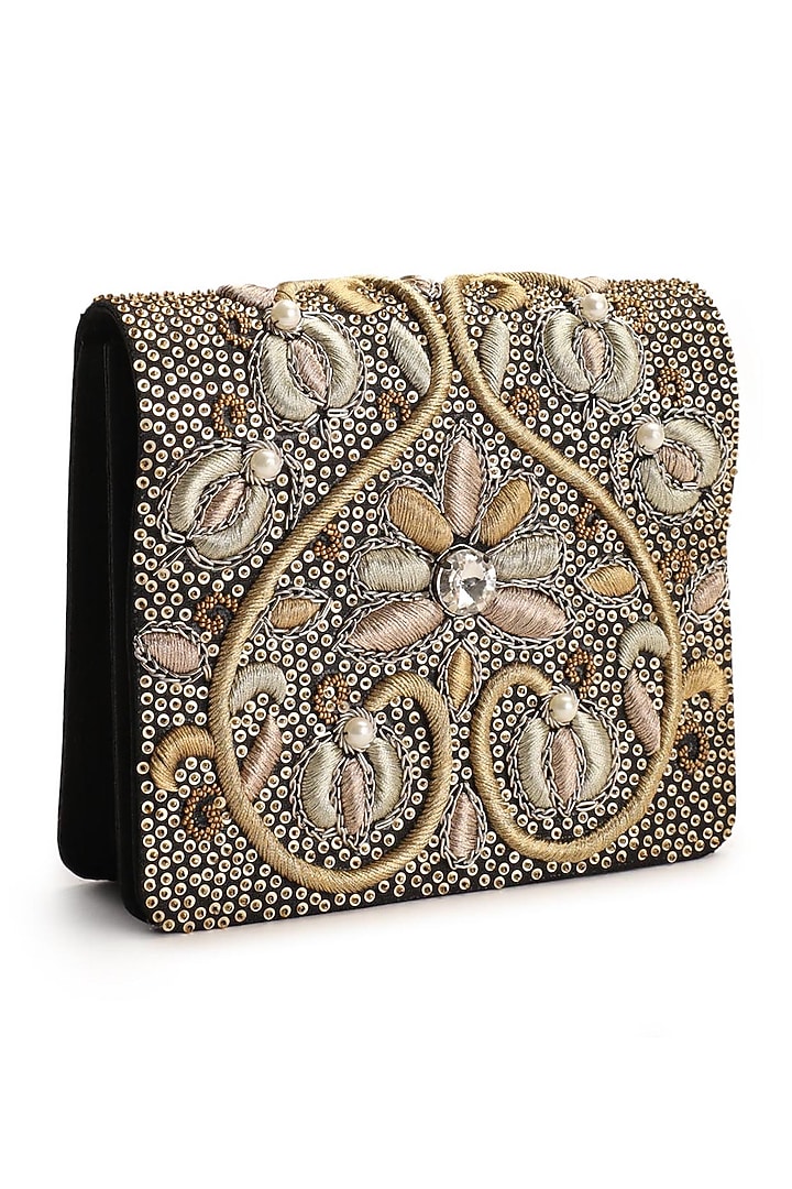 Black & Gold Hand Embroidered Clutch by The Purple Sack at Pernia's Pop Up Shop