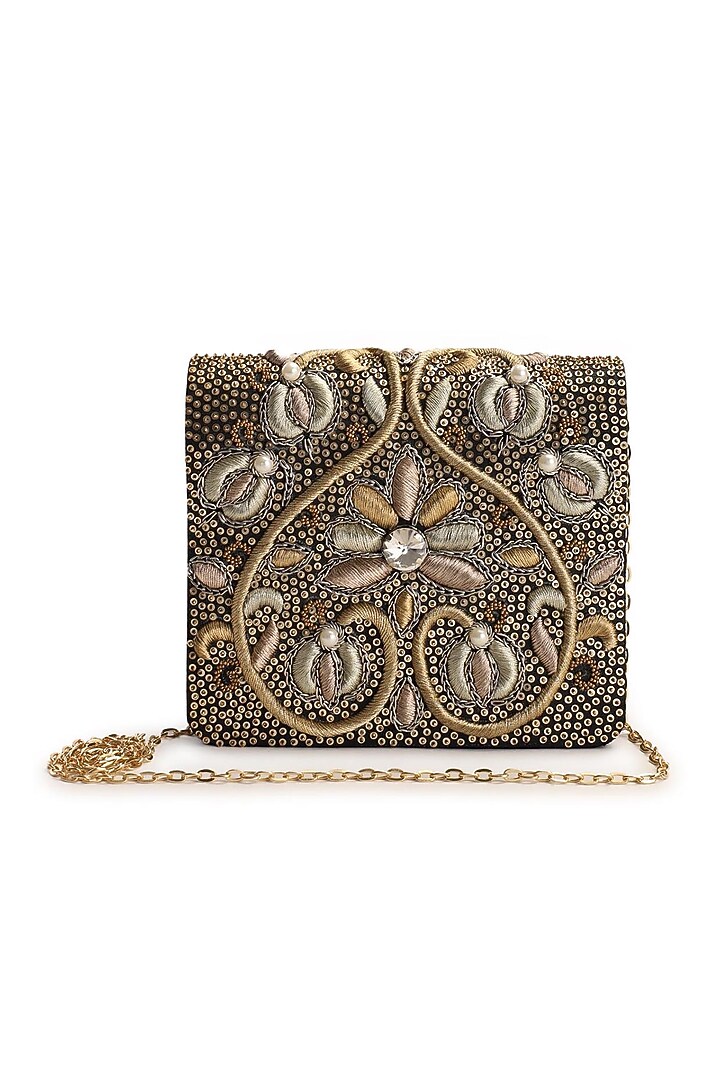 Black & Gold Hand Embroidered Clutch by The Purple Sack at Pernia's Pop Up Shop