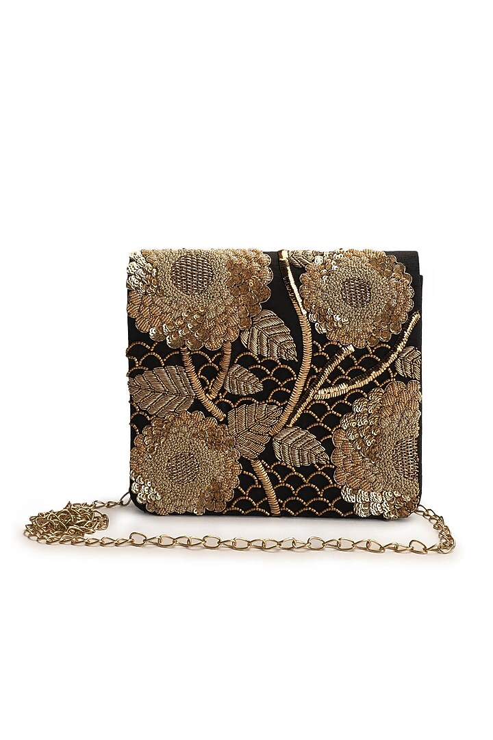 Gold & Black Hand Embroidered Clutch by The Purple Sack at Pernia's Pop Up Shop
