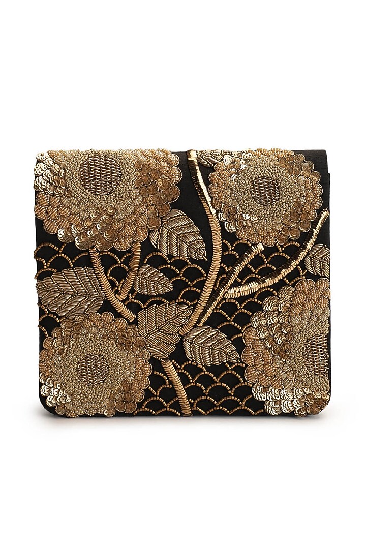 Gold & Black Hand Embroidered Clutch by The Purple Sack at Pernia's Pop Up Shop