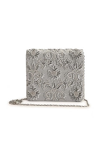 Silver Hand Embroidered Clutch by The Purple Sack