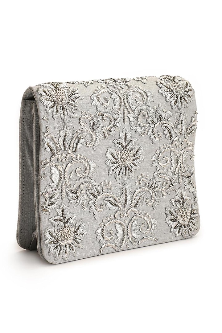 Silver Hand Embroidered Clutch by The Purple Sack at Pernia's Pop Up Shop