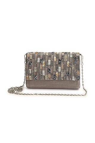 Grey Hand Embroidered Clutch by The Purple Sack