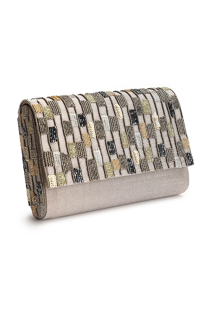 Grey Hand Embroidered Clutch by The Purple Sack at Pernia's Pop Up Shop