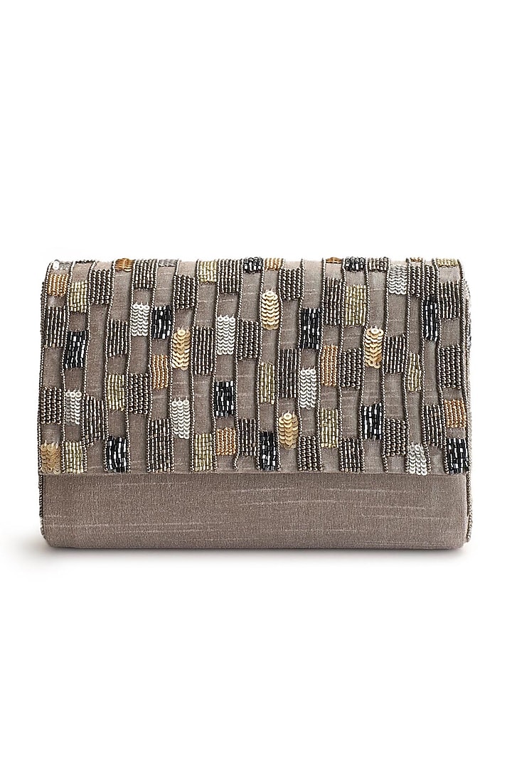 Grey Hand Embroidered Clutch by The Purple Sack at Pernia's Pop Up Shop