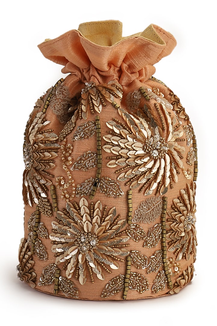 Peach Hand Embroidered Potli by The Purple Sack at Pernia's Pop Up Shop