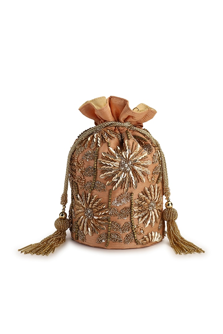 Peach Hand Embroidered Potli by The Purple Sack at Pernia's Pop Up Shop