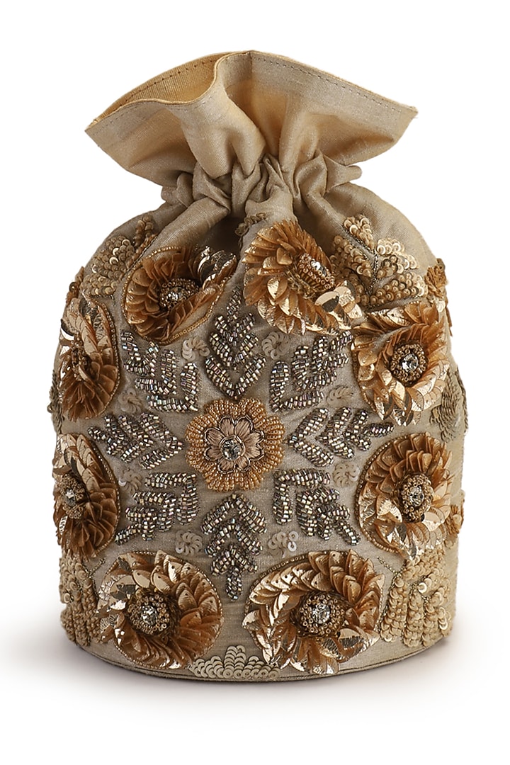 Beige Hand Embroidered Potli by The Purple Sack at Pernia's Pop Up Shop