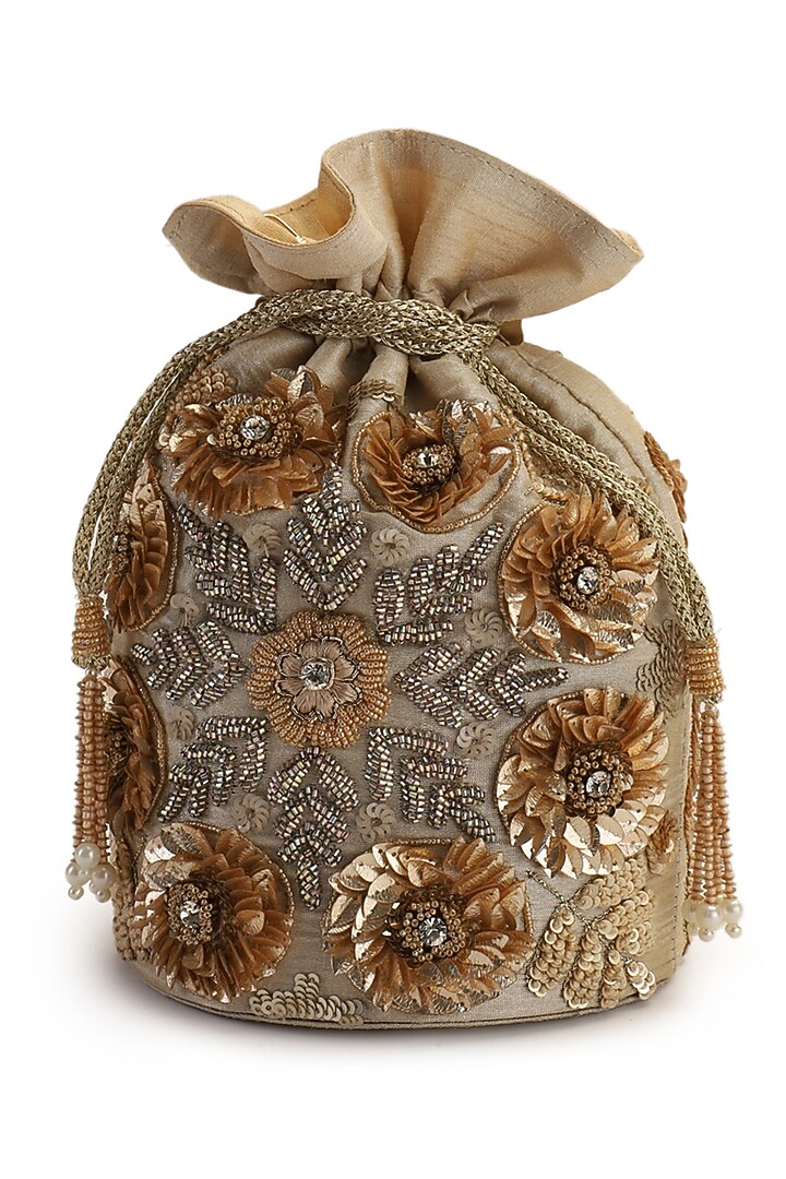 Beige Hand Embroidered Potli by The Purple Sack at Pernia's Pop Up Shop