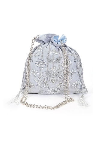 Silver Hand Embroidered Potli by The Purple Sack
