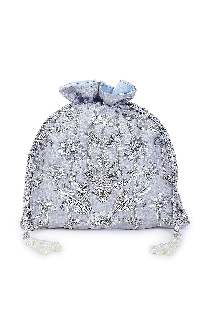 Silver Hand Embroidered Potli by The Purple Sack at Pernia's Pop Up Shop
