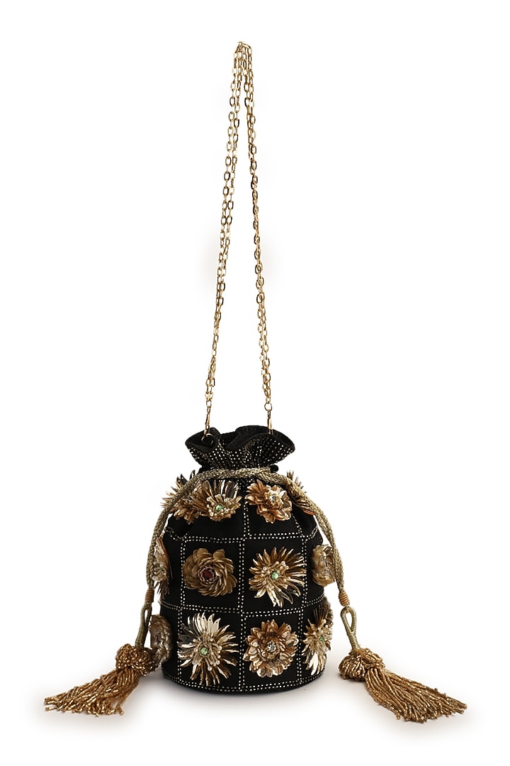 Black Hand Embroidered Potli by The Purple Sack at Pernia's Pop Up Shop
