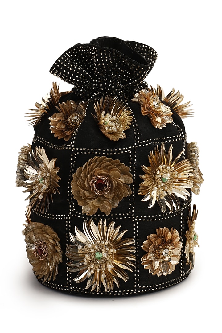 Black Hand Embroidered Potli by The Purple Sack at Pernia's Pop Up Shop