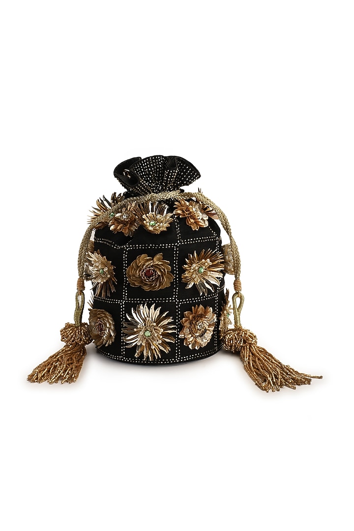 Black Hand Embroidered Potli by The Purple Sack at Pernia's Pop Up Shop