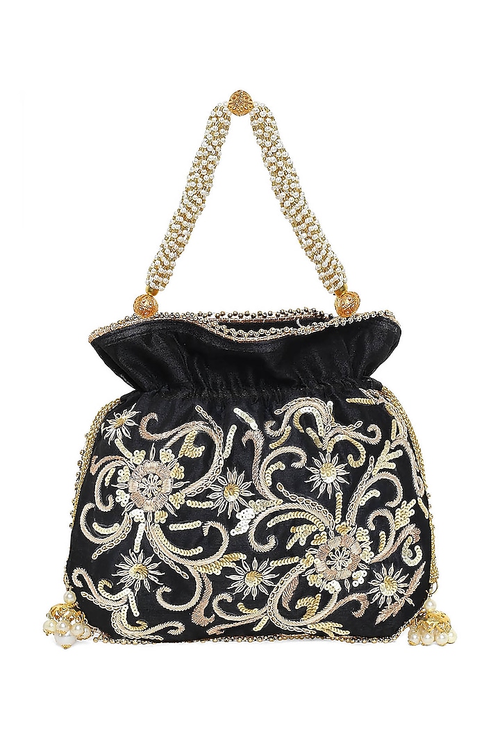 Black Hand Embroidered Potli With Sling Chain by The Purple Sack at Pernia's Pop Up Shop