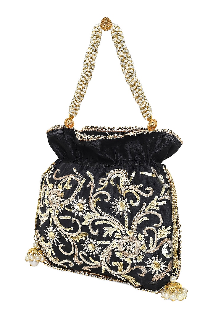 Black Hand Embroidered Potli With Sling Chain by The Purple Sack at Pernia's Pop Up Shop