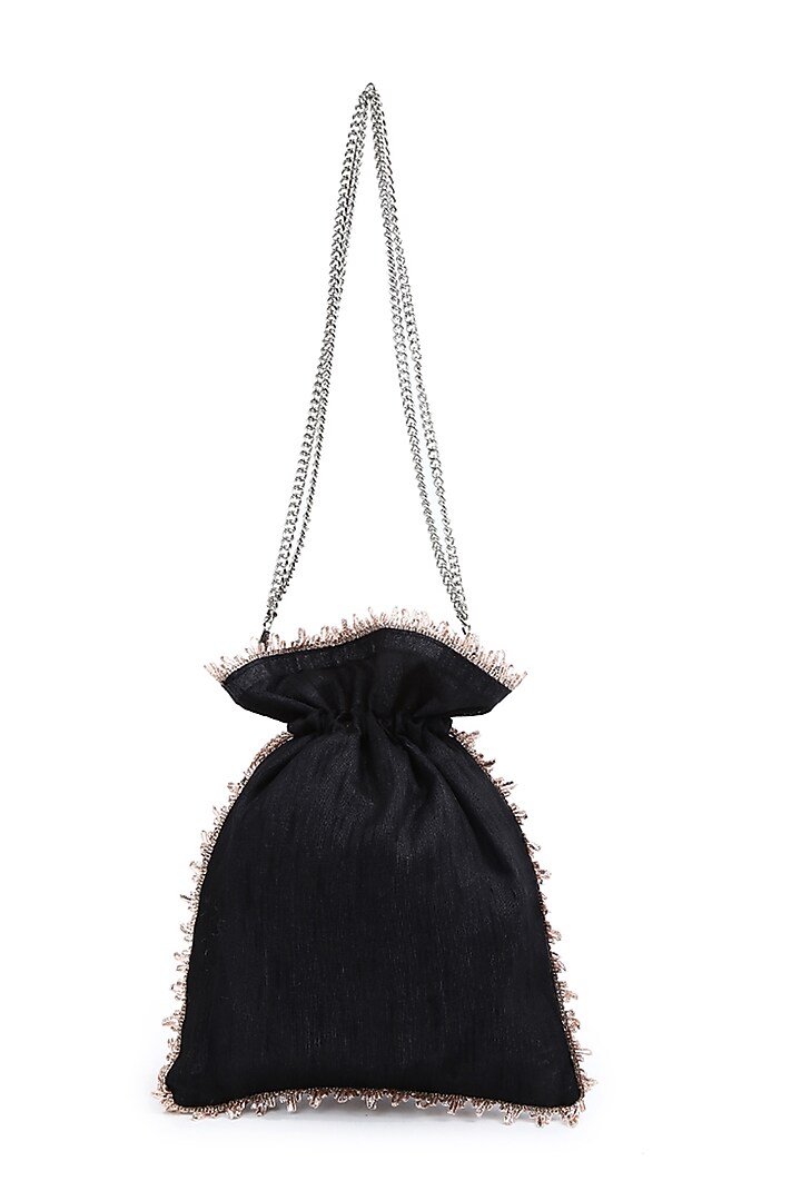 Black Hand Embroidered Potli With Detachable Sling Chain by The Purple Sack at Pernia's Pop Up Shop