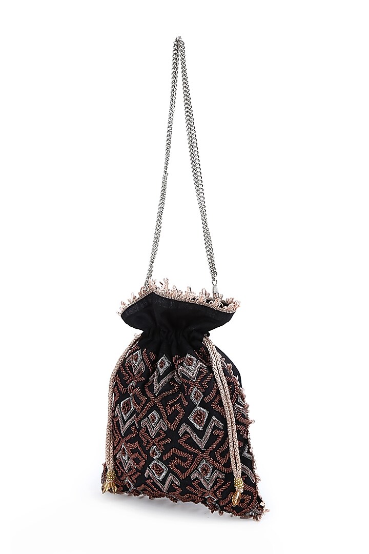 Black Hand Embroidered Potli With Detachable Sling Chain by The Purple Sack at Pernia's Pop Up Shop