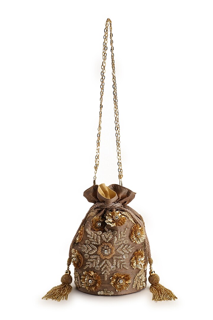 Gold Hand Embroidered Potli With Detachable Sling Chain by The Purple Sack