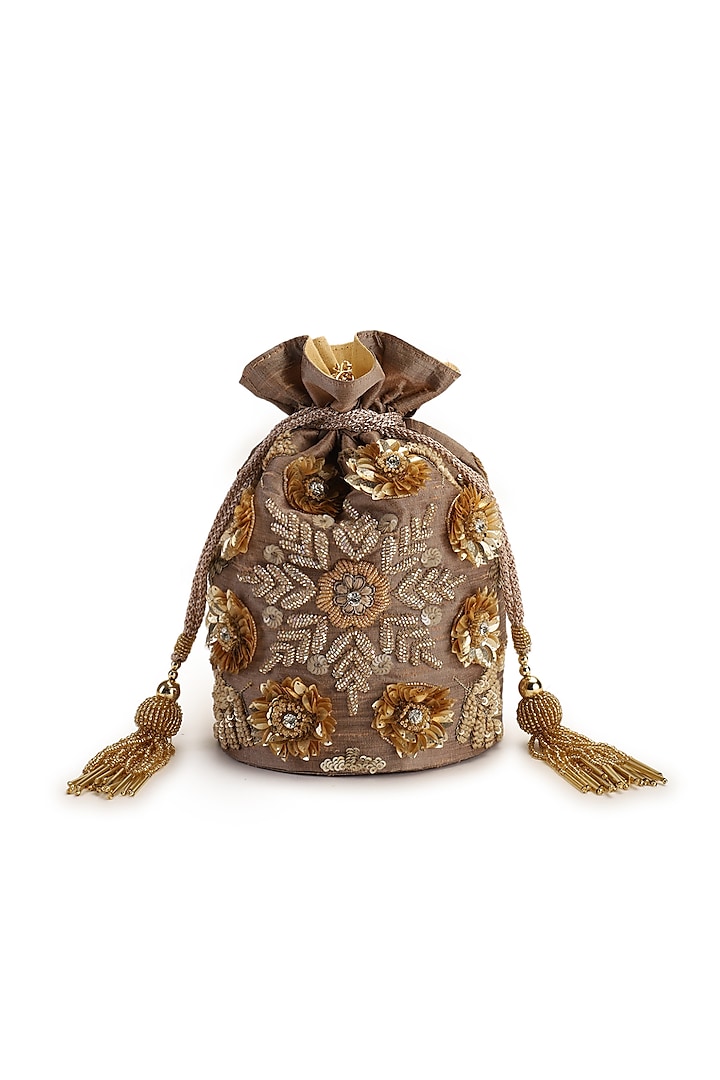 Gold Hand Embroidered Potli With Detachable Sling Chain by The Purple Sack at Pernia's Pop Up Shop