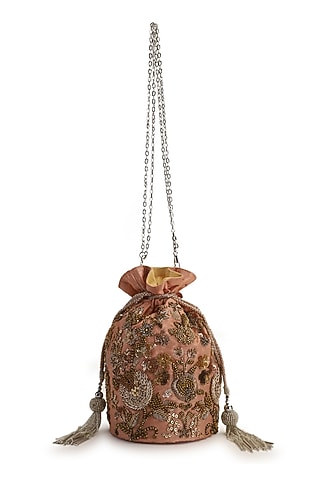 Coral Hand Embroidered Potli With Detachable Sling Chain by The Purple Sack