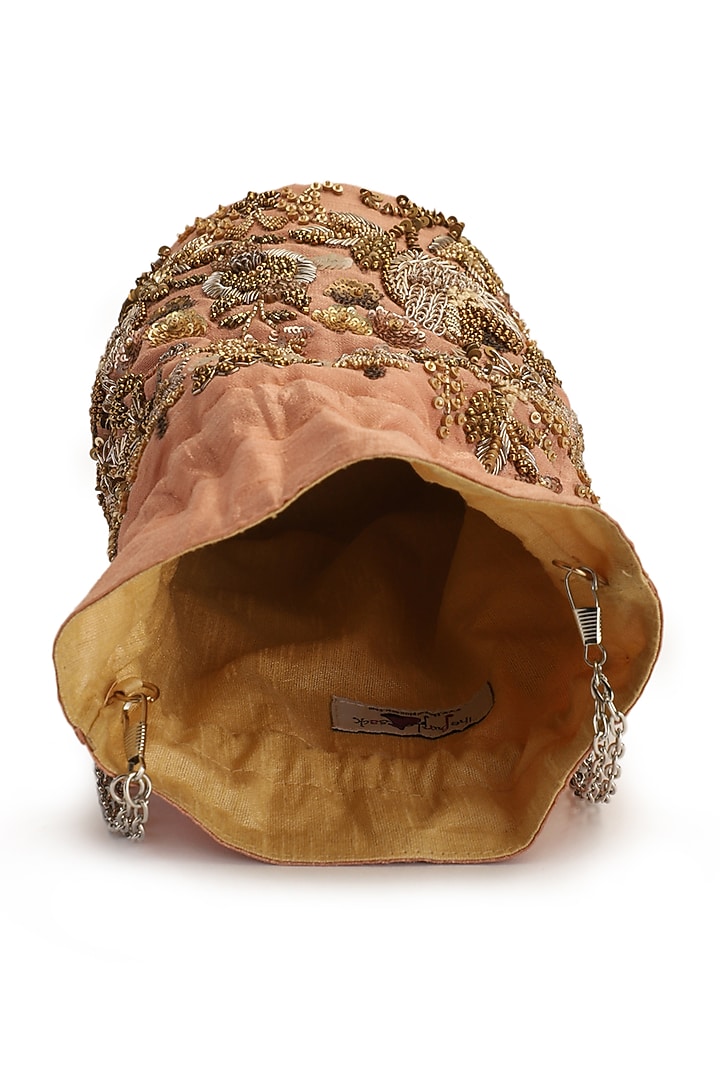 Coral Hand Embroidered Potli With Detachable Sling Chain by The Purple Sack at Pernia's Pop Up Shop